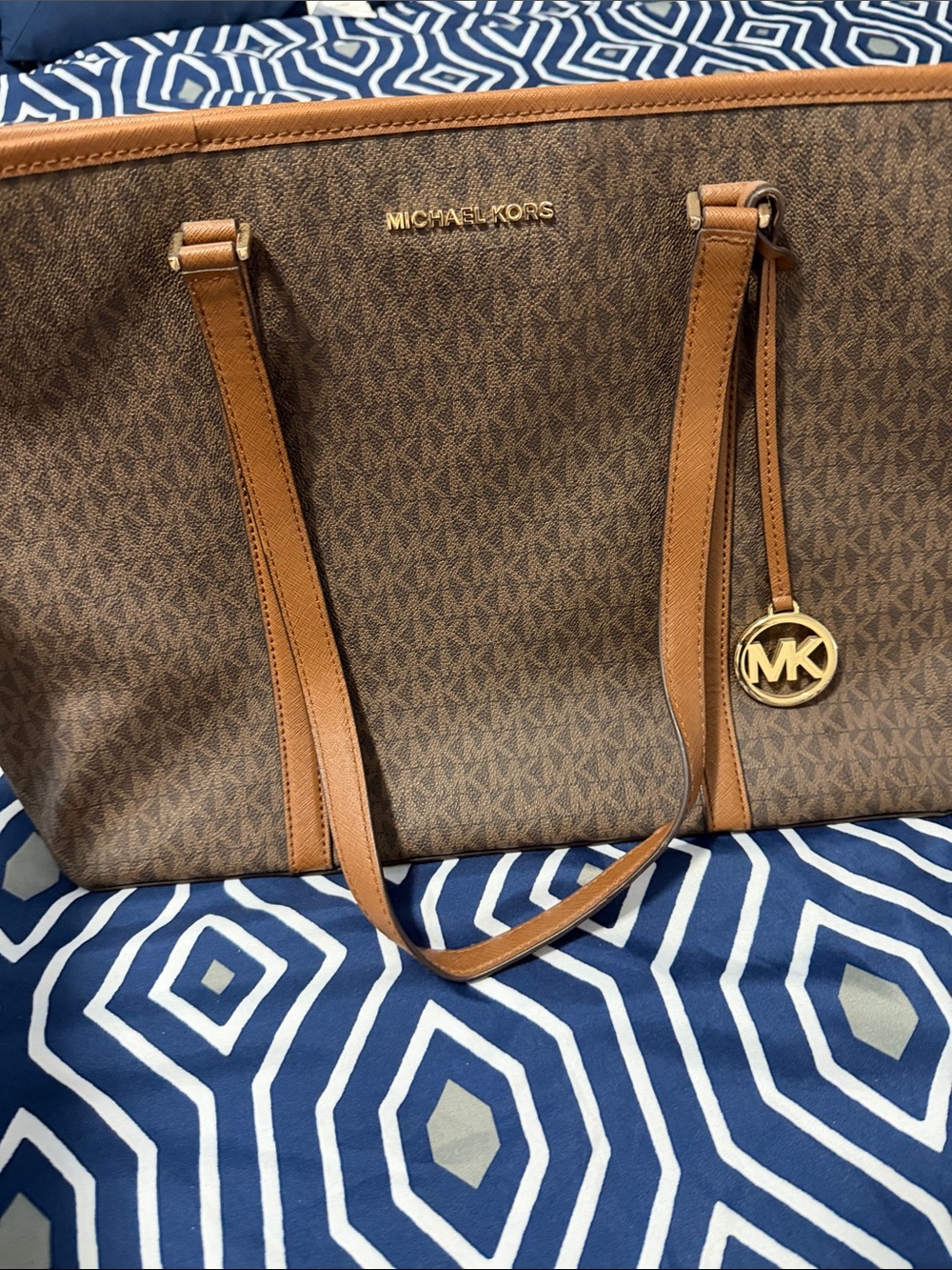 Michael Kors Brown Logo Tote with Tan Leather Trim and Gold MK Charm